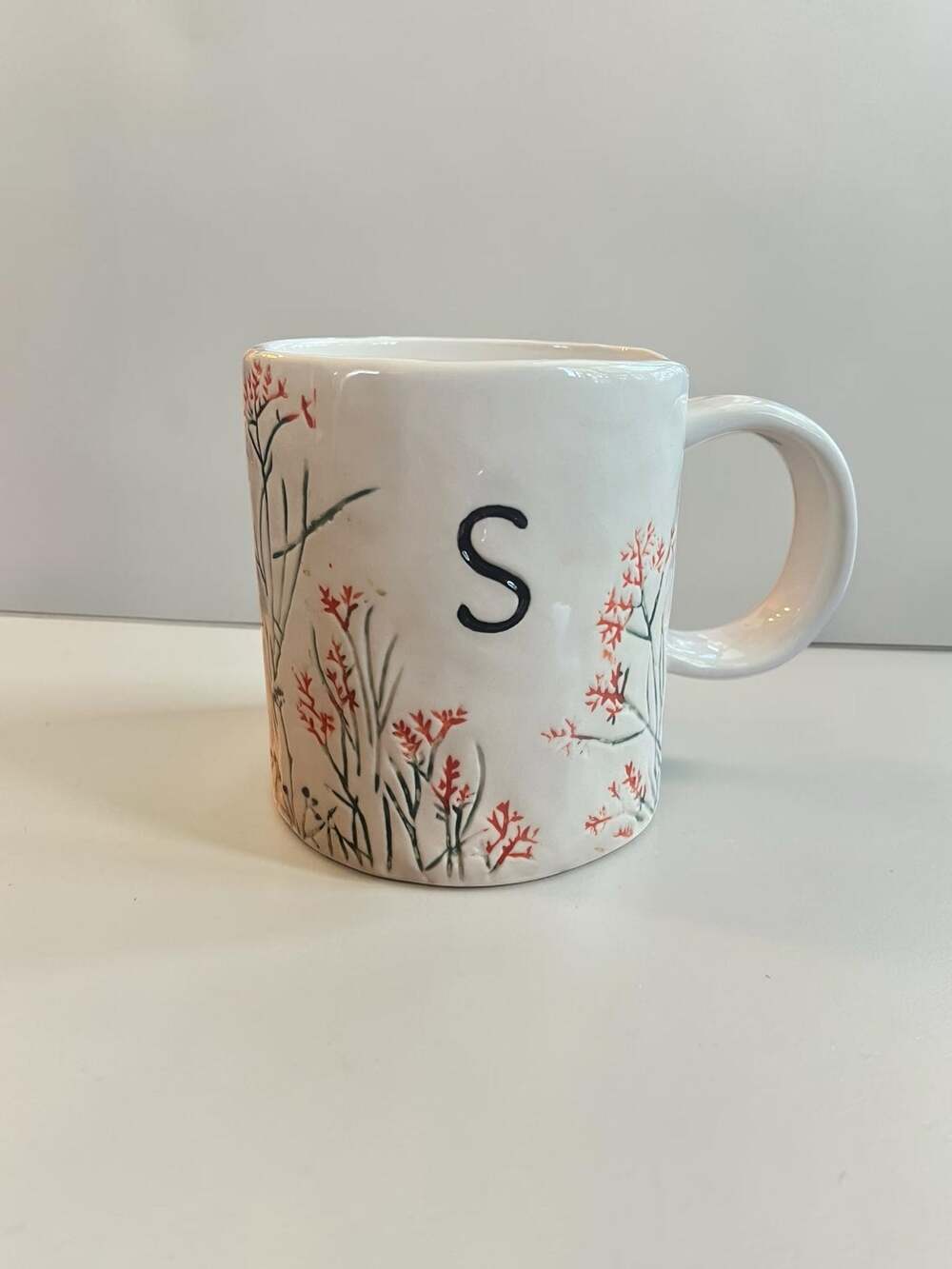 Anthropologie Initial S Monogram Mug Botanical Wildflower Embossed Ceramic Cup